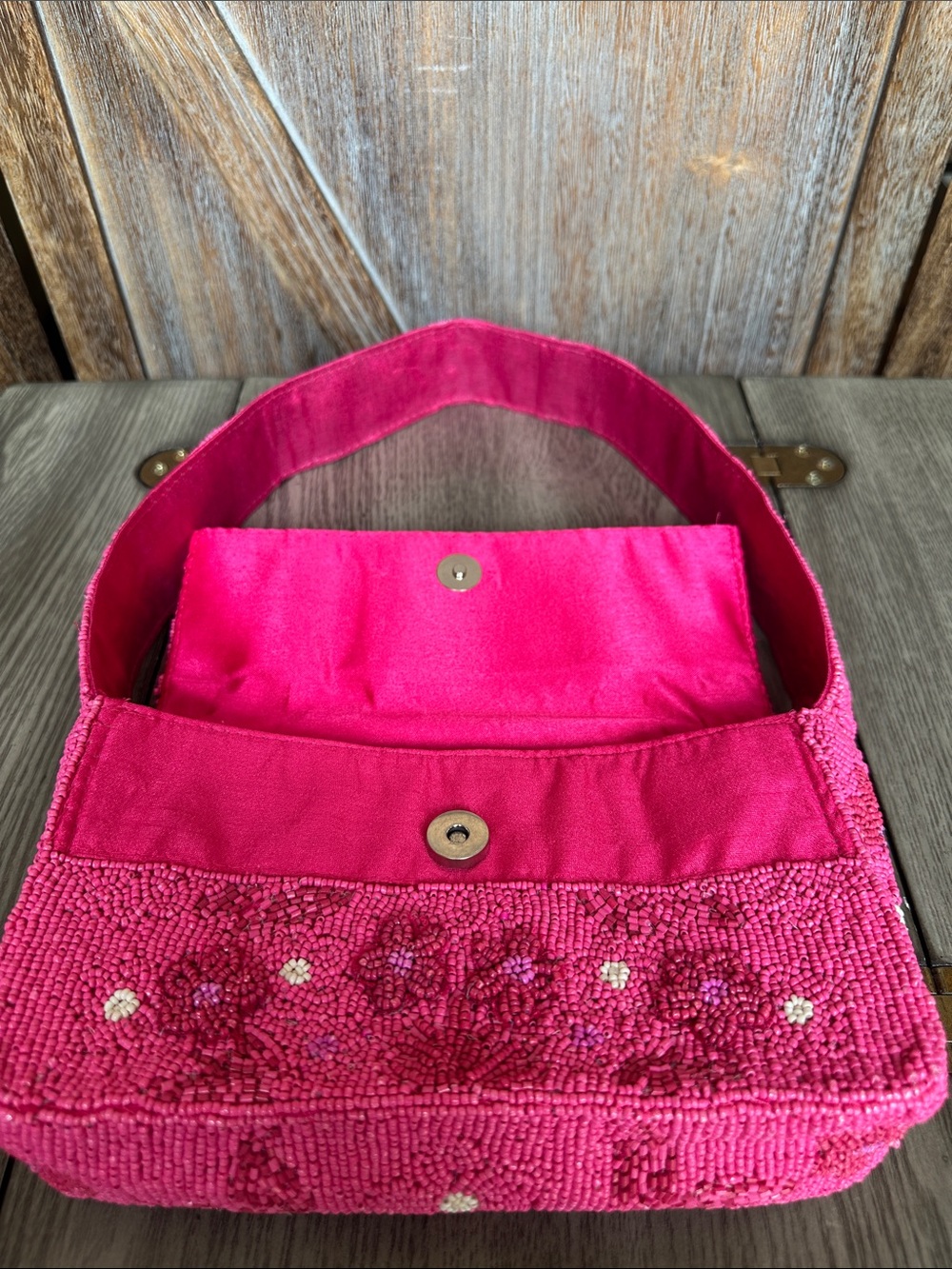 BCBGMaxAzria Pink Floral Beaded Shoulder Handbag Purse - Picture 6 of 14